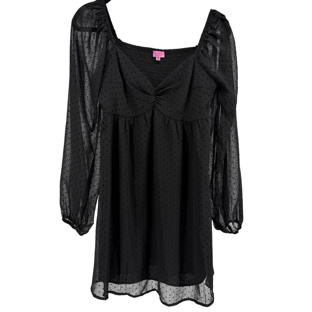 Mi Ami Mini Dress Medium Whimsigoth Black Swiss Dot Long Sleeve Smocked Back